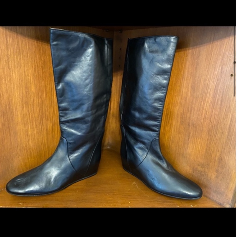 LANVIN Leather Wedge Boots, Size 6.5 Black, pristin